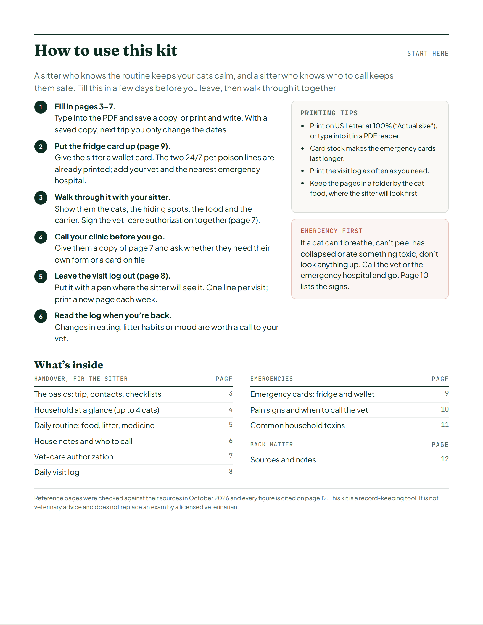 Page 2 of Cat Sitter Kit: Instructions & Visit Log