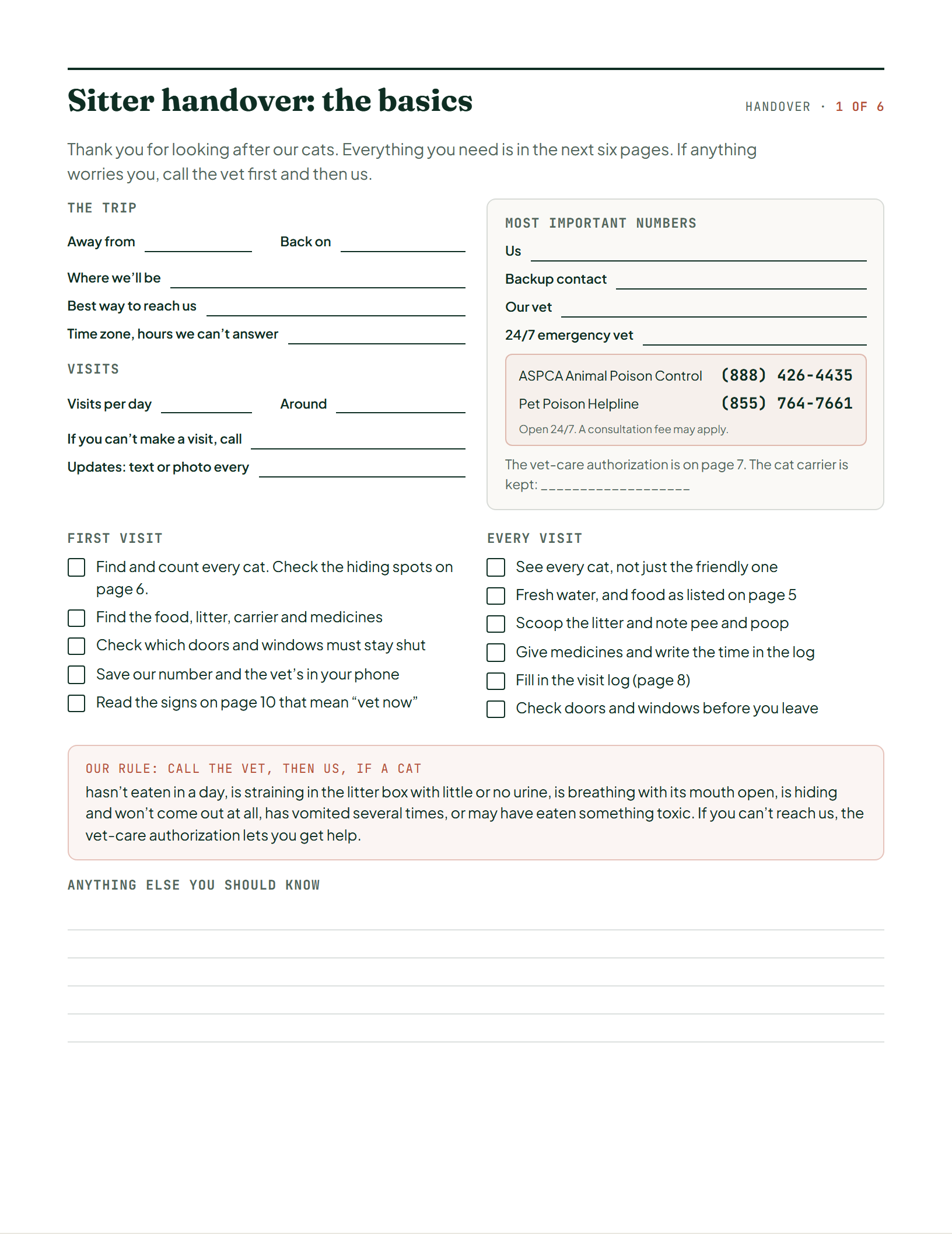 Page 3 of Cat Sitter Kit: Instructions & Visit Log