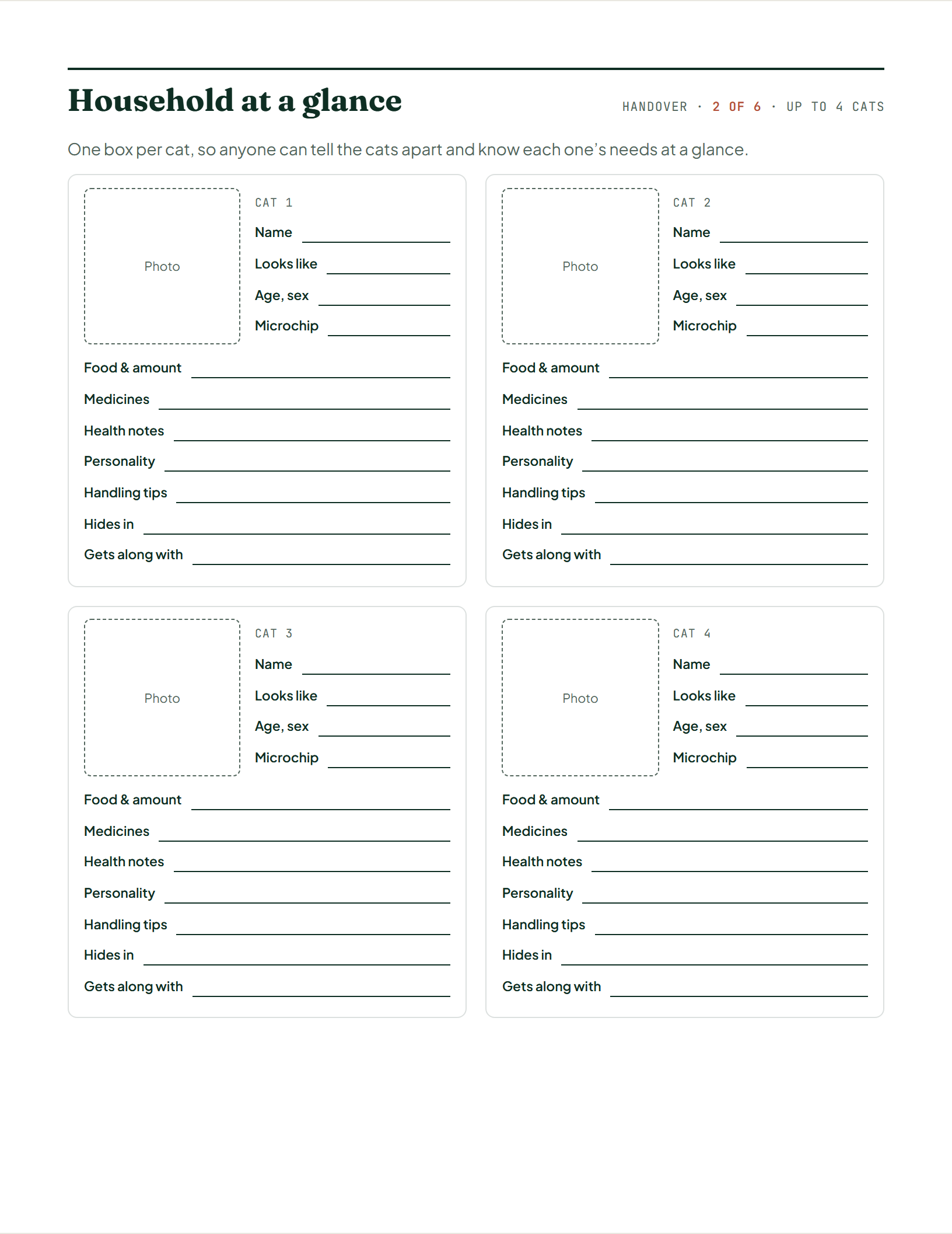 Page 4 of Cat Sitter Kit: Instructions & Visit Log