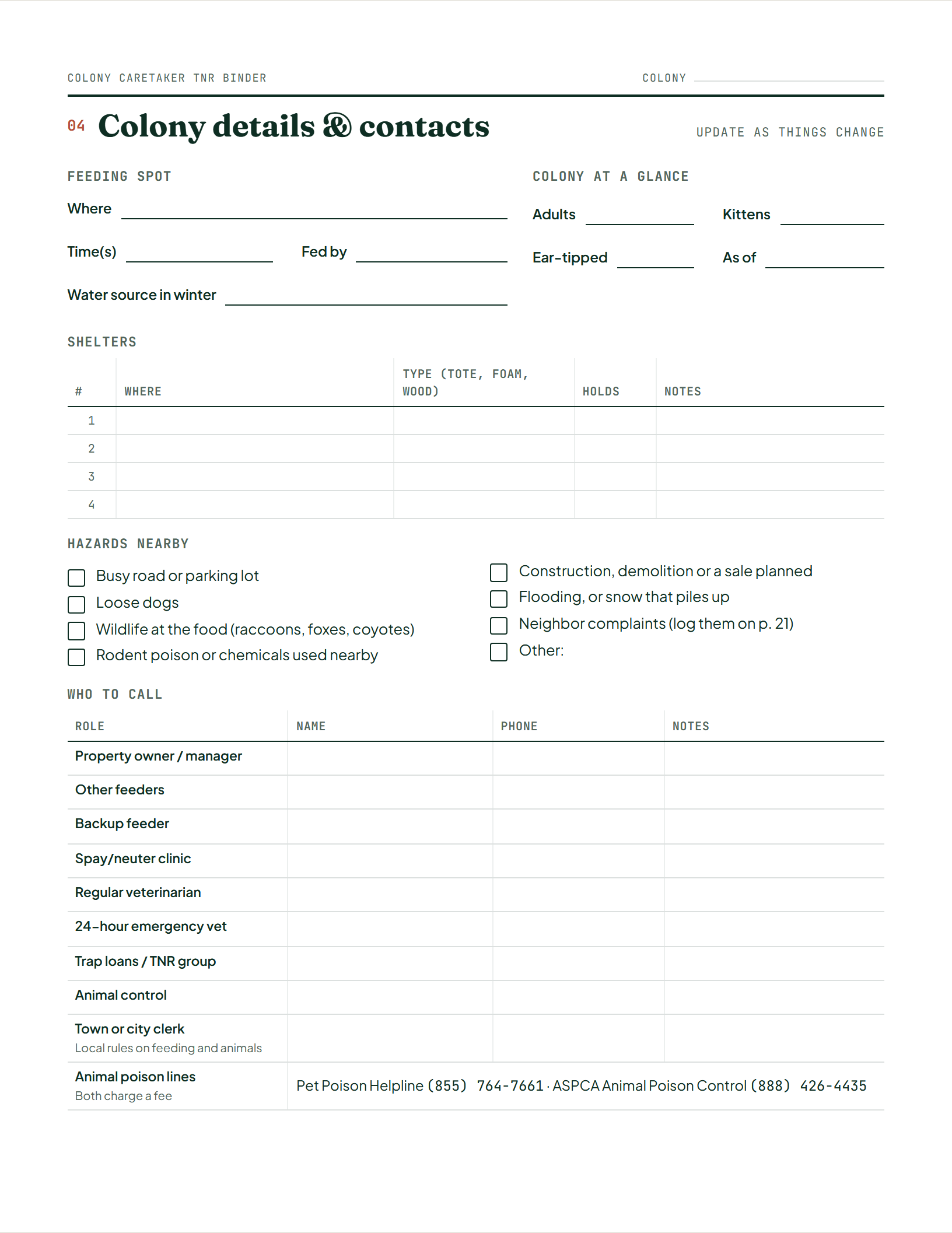Page 4 of Colony Caretaker TNR Binder