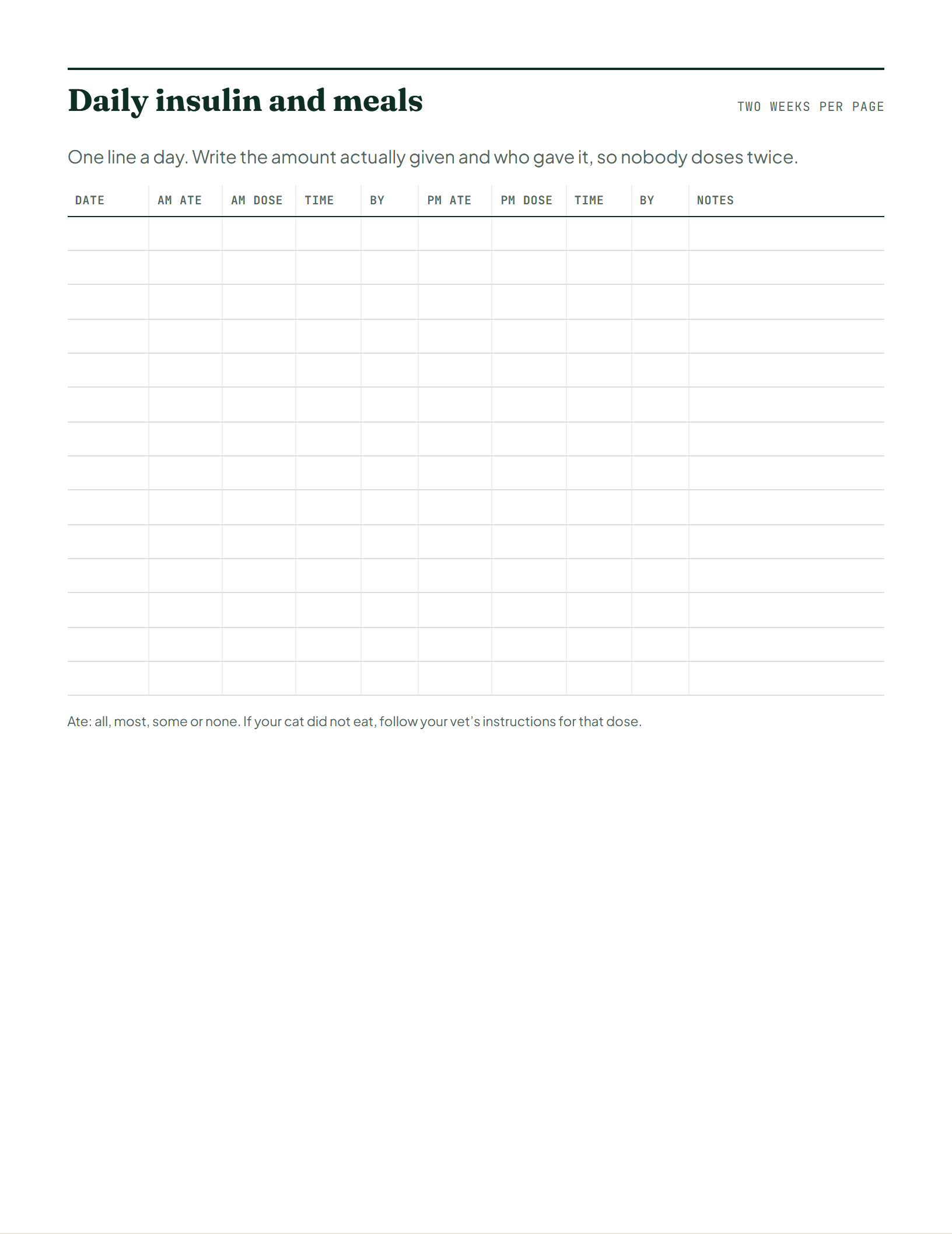 Page 3 of Diabetic Cat Log: Insulin, Meals & Glucose